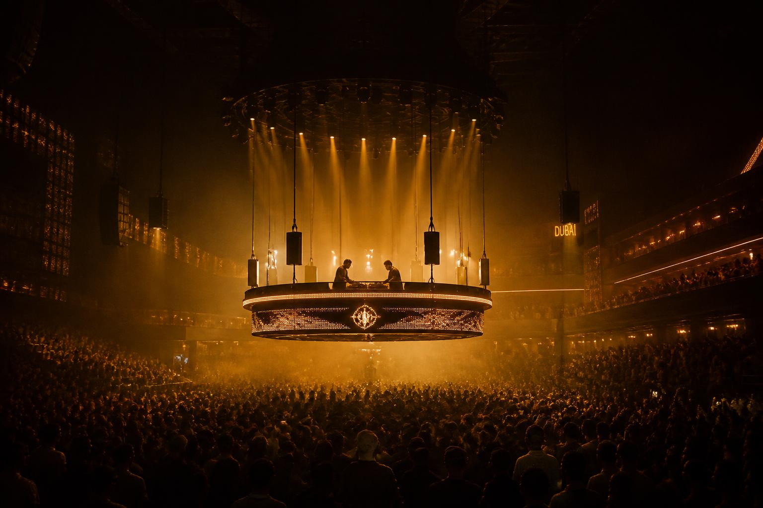 Suspended island console above the WW Clubs Dubai arena floor